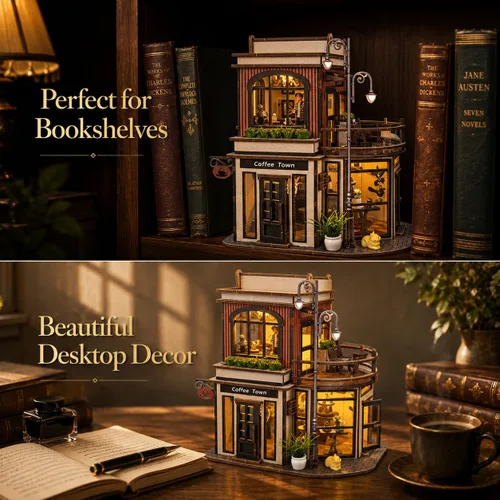 Vista 7 de Kit de rincón de libros de cafetería, rompecabezas de madera 3D para adultos con luces LED, decoración de casa de muñecas para escritorio