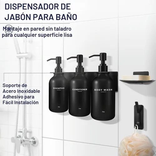 Vista 2 de Champú acondicionador dispensador de jabón y gancho adicional, color negro