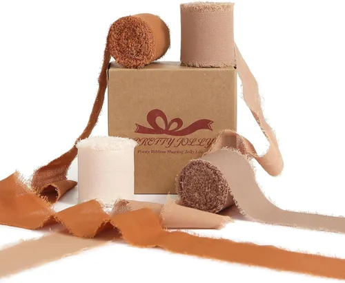 Vista 9 de Pretty Jolly Cinta de gasa beige para envolver regalos, 3 rollos de 2 pulgadas x 7 yardas, cinta de tela de seda hecha a mano con flecos para ramo