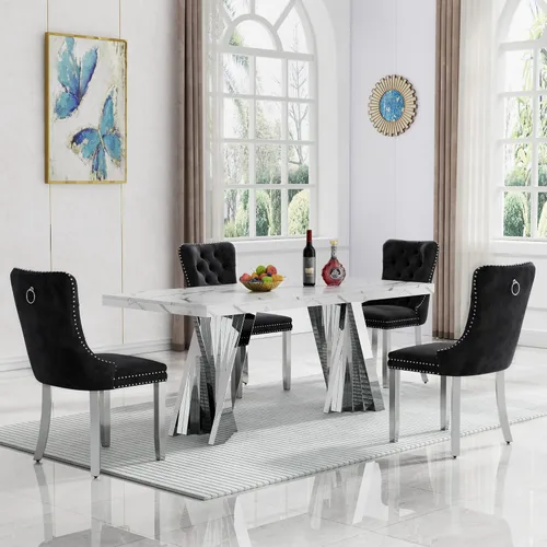 Vista 55 de HomVent - Juego de mesa de comedor de mármol sintético de 68 pulgadas con 4 sillas de terciopelo para cocina Modern Rectangular Faux Marble