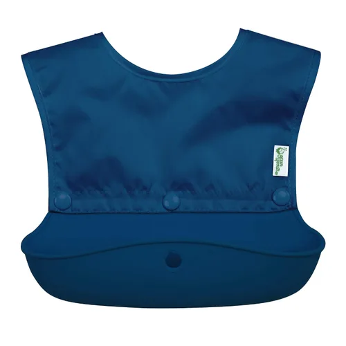 Vista 2 de green sprouts Snap & Go - Babero de silicona para atrapar alimentos, parte superior suave, impermeable + cuchara de silicona, enrollable para un