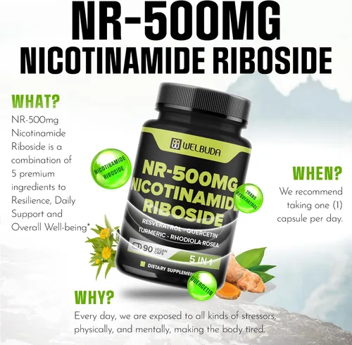 Vista 5 de WELBUDA Suplemento de ribósido de nicotinamida 5 en 1+ con resveratrol, quercetina, cúrcuma, Rhodiola Rosea - 90 unidades durante 90 días