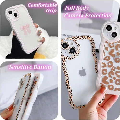 Vista 4 de Funda transparente compatible con iPhone 14 con diseño de lazo para mujeres y niñas, marco estético de rayas, ondulado, suave, a prueba de golpes