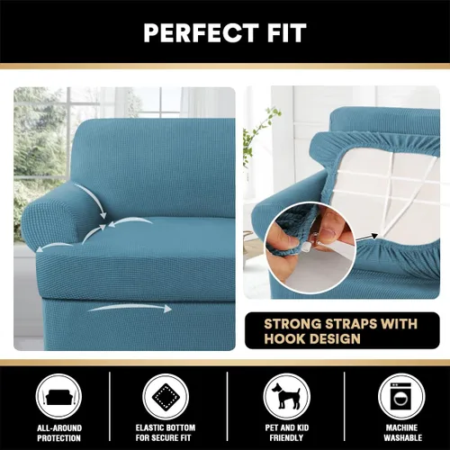 Vista 6 de Paquete de fundas para sofá con cojín en forma de T de 3/4 piezas, protector de muebles, patrón a cuadros, extraíbles y lavables, color azul tormenta