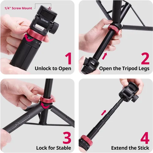 Vista 3 de ULANZI MT-71 Trípode selfie stick y mango de vlog con liberación rápida magnética y tornillo de 1/4 pulgadas, soporte de trípode ligero extensible