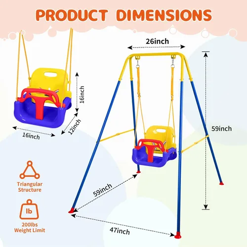 Vista 2 de Juego de columpios 3 en 1 para niños pequeños, juego de columpios para bebés con soporte plegable de metal para jugar al aire libre/interior, diseño