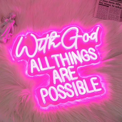 Vista 5 de Letrero de neón con texto en inglés "With God All Things Are Possible" para decoración de pared, letrero de neón LED rosa, luz de neón regulable