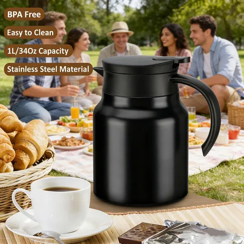 Vista 3 de Jarra térmica de café de 34 onzas, olla de té de acero inoxidable 316, jarra de café al vacío de doble pared retención de calor y frío sin BPA