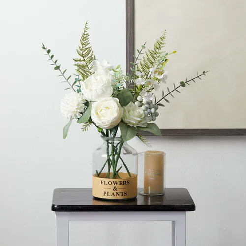 Vista 5 de Anna's Whimsy Flores artificiales con jarrón, rosas blancas, peonías de seda en jarrón, centros de mesa de imitación florales para arreglos de mesa
