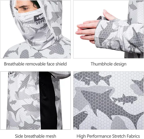 Vista 5 de Sspent UPF50 + Camisa de pesca de manga larga para hombre con máscara UV cuello polaina sudadera con capucha