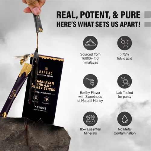 Vista 3 de BARGAD Palitos Shilajit puros del Himalaya con miel orgánica y azafrán (7 unidades) Palitos Shilajit fáciles de un solo uso Aumenta la energía
