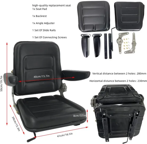 Vista 5 de Asiento universal de tractor de PVC, asiento de cortacésped ajustable, asiento plegable que incluye reposabrazos e interruptor de asiento, 15.4 x 15
