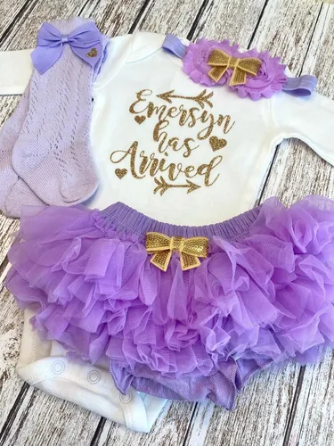 Vista 5 de Personalized Baby Girl Has Arrived Bodysuit Gold Glitter Design Add Any Name Optional Accessories