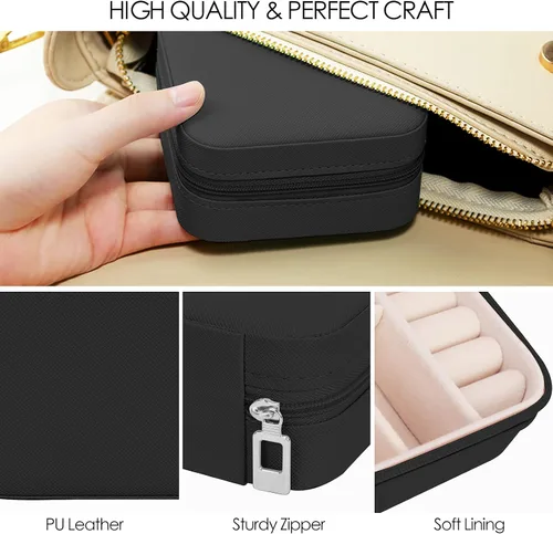 Vista 5 de Organizador de joyas pequeño, joyero de viaje, portátil, anillos, aretes, collares, vitrina, cajas de joyería para mujeres y niñas, color negro