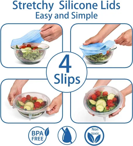 Vista 6 de Tapas elásticas de silicona, tapas elásticas duraderas y ecológicas Cubierta reutilizable resistente al calor de varios tamaños para cuenco