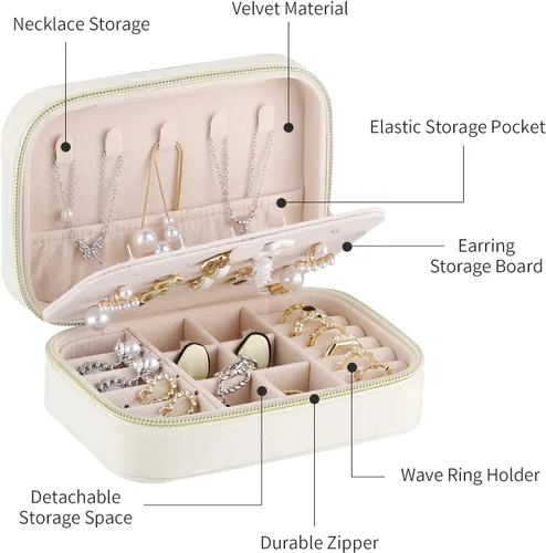 Vista 3 de Firelex Joyero de viaje para joyas, organizador portátil de joyería, estuche de joyería de terciopelo para mujer, mini caja de joyería para anillos