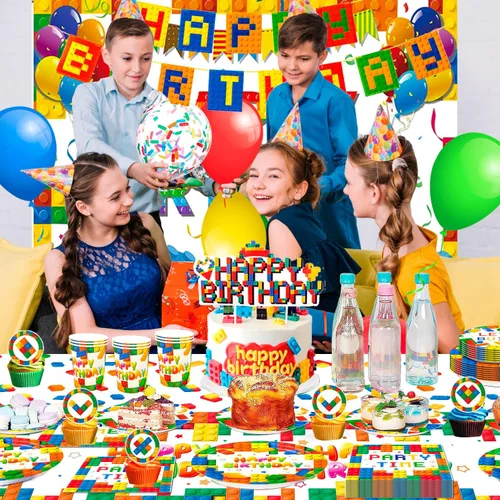 Vista 2 de Bloques de construcción, suministros para fiesta de cumpleaños, 10 invitados, bloques de construcción, bloques de construcción, platos de fiesta