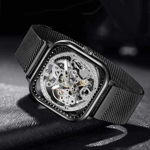 Vista 2 de Tiong Relojes automáticos de moda Reloj de pulsera mecánico dorado para hombre Relojes esqueleto con esfera transparente de acero inoxidable