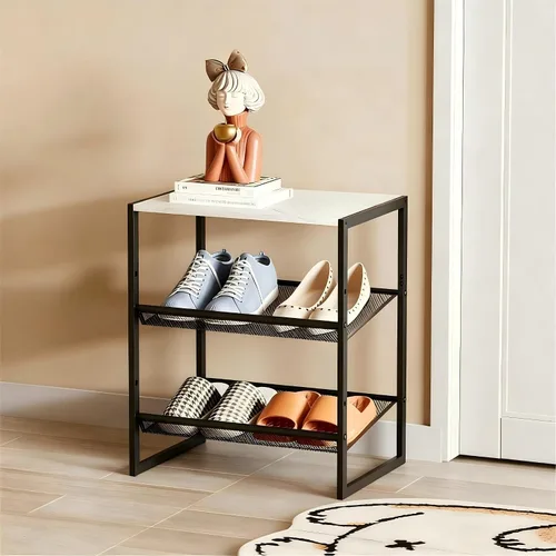 Vista 11 de Garden 4 you Zapatero estrecho de 3 niveles para armario, zapatero pequeño con mesa de madera marrón, estante de zapatos de metal ajustable