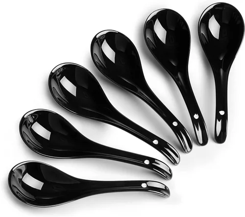 Vista 9 de DOWAN Cucharas de sopa, cucharas de sopa asiáticas de cerámica, cuchara japonesa negra grande para Ramen Pho Wonton Dumpling Miso, diseño de gancho