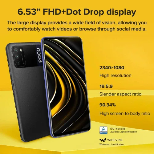 Vista 3 de Xiaomi POCO M3 Smartphone, 4 GB + 64 GB, 6.53 "FHD + Ampio 1080P FHD + Pantalla 49 MP, cámara Tripla, batería de 6000 mAh, Doppi Altoparlanti, Jack