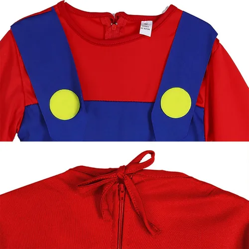 Vista 4 de Hewtwerck Disfraz de Super Brothers para niños, disfraz de Mario Fontanero para Halloween, cosplay, overol con sombrero y guantes de bigote
