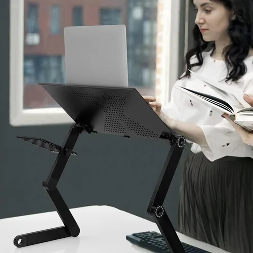 Vista 5 de iMounTEK Mesa plegable para computadora portátil, mesa de escritorio con mouse board de aleación de aluminio, bandeja de aperitivos para desayuno