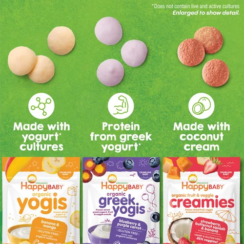 Vista 9 de Happy Baby Organics Yogis Snacks liofilizados de yogur y frutas, plátano y mango, bolsa de 1 onza (paquete de 8) el embalaje puede variar