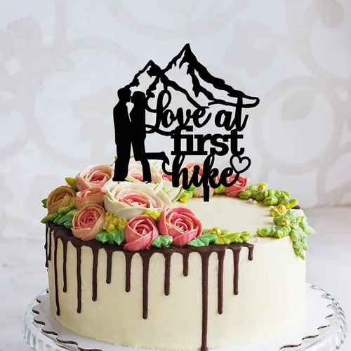 Vista 4 de Love at First Hike - Decoración para tartas de 5.9 pulgadas, acrílico personalizado, fecha y nombre, para novia, novio, para aniversario