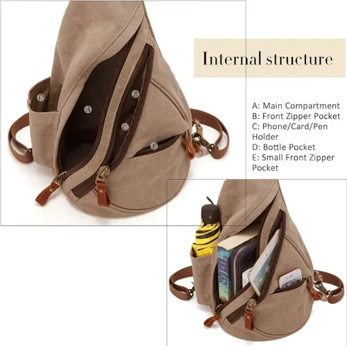 Vista 3 de KL928 Bolso bandolera de lona Mochila pequeña cruzada de hombro, mochila casual para hombres y mujeres
