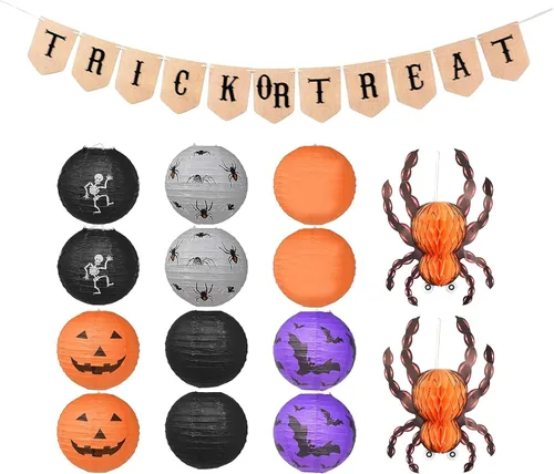 Vista 2 de Mudra Crafts Faroles de papel colgantes de araña, murciélago y calabaza, faroles de papel para interiores y exteriores, decoraciones de Halloween
