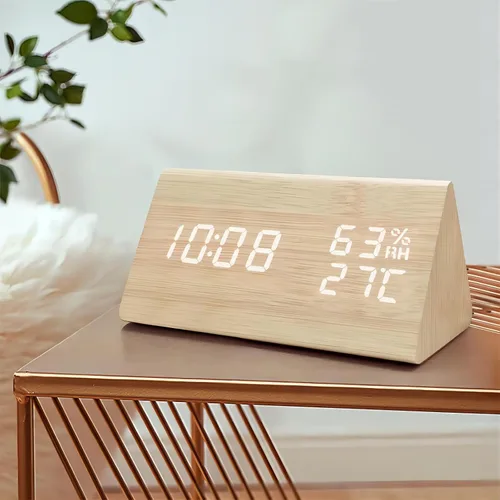 Vista 6 de Reloj despertador digital, LED electrónico de madera, pantalla de fecha de hora, detección de temperatura y humedad, 3 ajustes de alarma, brillo