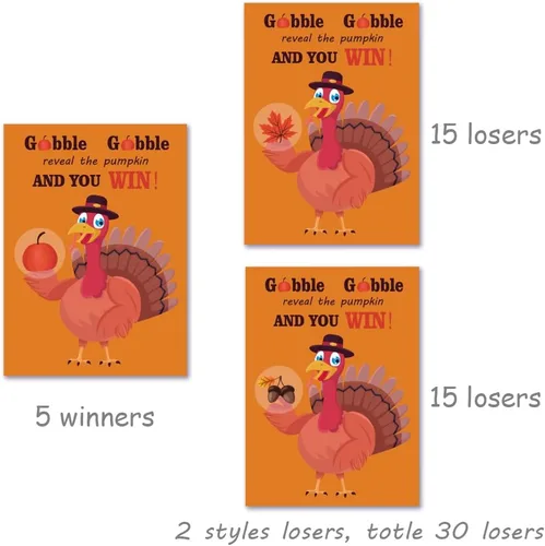Vista 5 de 35 tarjetas de juego para raspar el día de Acción de Gracias, Turquía, otoño, festival, actividades de celebración, 5 ganadores, tarjetas de juego
