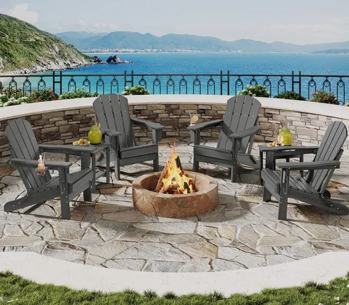 Vista 16 de Juego de 2 sillas Adirondack plegables HDPE con mesa auxiliar, color negro