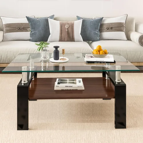 Vista 11 de Mesa de centro rectangular de vidrio para sala de estar, con mesa de vidrio templado y capa de MDF, para sala de estar y oficina