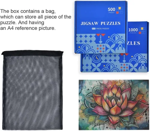 Vista 7 de Rompecabezas de madera de 500 piezas con estampado de mandala de loto, ZZcon bolsa de almacenamiento con partición del alfabeto, fácil de resolver