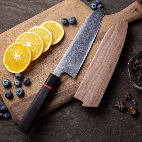 Vista 4 de Cuchillo Santoku de cocina, acero de damasco, cuchillo de cocina japonés, mango de madera octogonal hecho a mano, funda de madera y caja de regalo