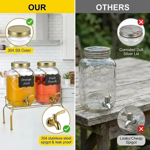 Vista 5 de Juego de 2 dispensadores de bebidas de vidrio de 1 galón – Dispensadores de bebidas para fiestas, dispensador de bebidas con soporte y grifo 100% a