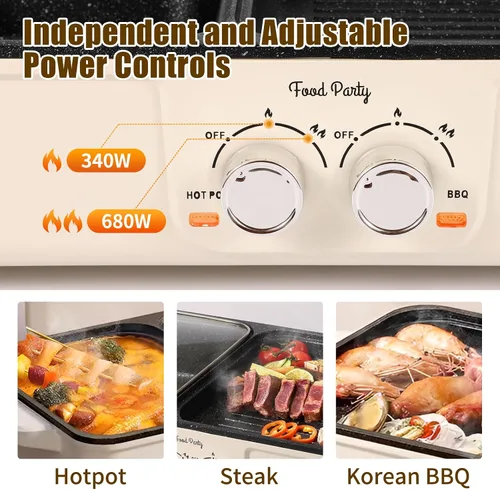 Vista 2 de Food Party Parrilla Eléctrica Hot Pot 2 en 1 Parrilla Coreana BBQ Interior Sin Humo Olla Eléctrica Hotpot Sahabu Shabu Pot Antiadherente (Pequeño)