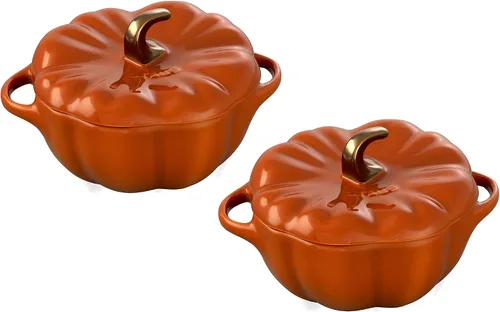 Vista 12 de STAUB Pequeña cerámica de 0.5 cuartos de galón, apta para horno y estufa hasta 572 °F, plato de calabaza, hornear, plato de caramelo, naranja quemado