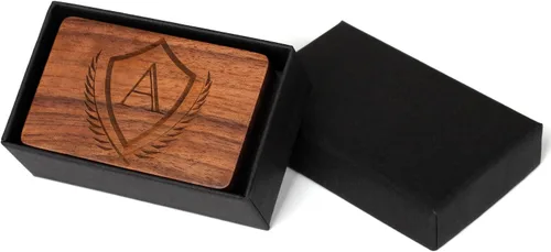 Vista 6 de Gemelos con inicial y clip de corbata para hombre, letras del alfabeto de la A a la Z, color negro, acero inoxidable, con caja de madera de nogal