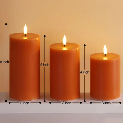 Vista 2 de Juego de 3 velas de pilar sin llama con control remoto, color naranja quemado para Halloween Velas LED parpadeantes de cera, decoraciones