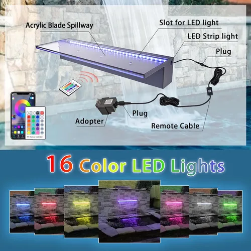 Vista 9 de Fuentes de estanque de acrílico con aplicación de 24 pulgadas, luz LED multicolor, cascadas de piscina al aire libre, cascadas de agua, patio