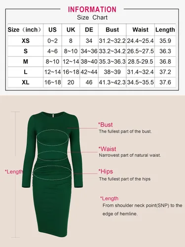 Vista 3 de Missufe - Vestido casual ajustado de manga larga para mujer fruncido vestido de verano hasta la rodilla ajustado tipo bodycon