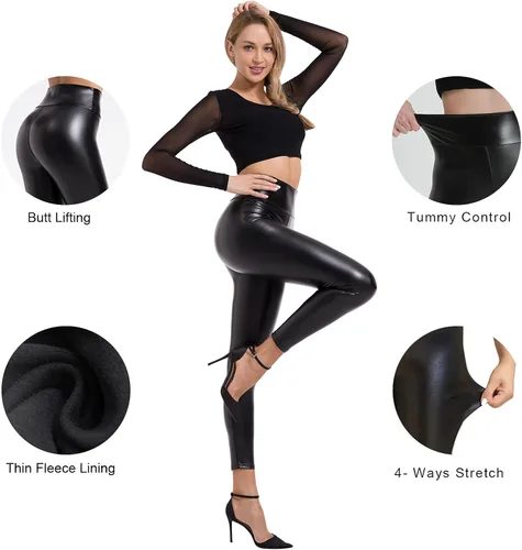 Vista 3 de BOOTY GAL Mallas femeninas de cuero sintético, medias elásticas de cintura alta
