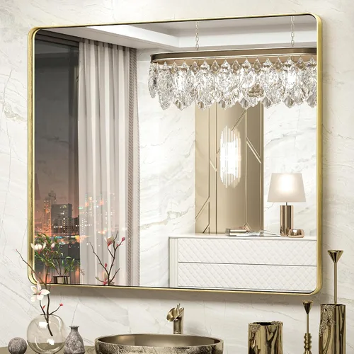 Vista 45 de TokeShimi Espejo de pared de baño de níquel cepillado de 20 x 30 pulgadas, marco de metal, esquina redonda, rectangular, para decoración del hogar