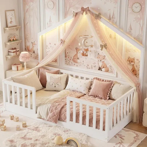 Vista 13 de Cama Montessori Full con rieles altos y luz LED, color blanco