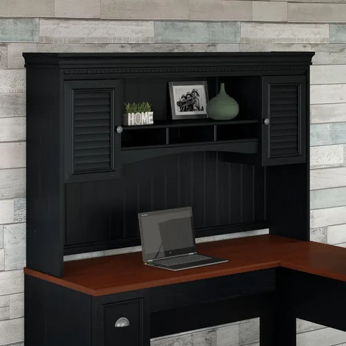 Vista 4 de Bush Home Fairview - Carcasa de 60 W para escritorio en forma de L en negro antiguo, accesorio con estantes y armarios para oficina en casa
