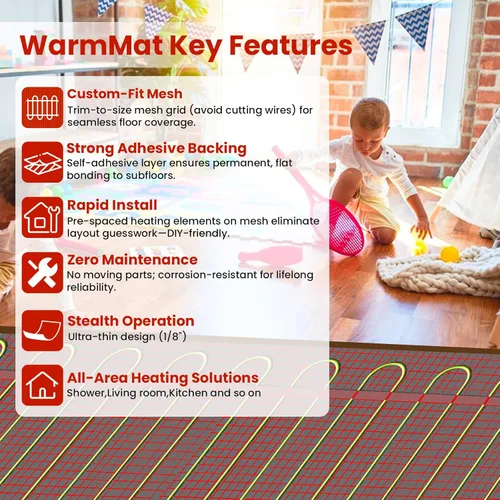 Vista 5 de Alfombra HEATIT Warmmat de 10 pies cuadrados, sistema de calefacción de calor radiante eléctrico autoadhesivo para piso & Termostato ET-72 & Monitor