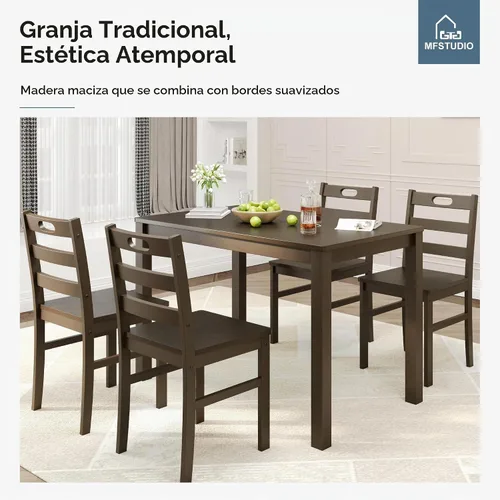 Vista 9 de MFSTUDIO Juego de 4 sillas de mesa de cocina de 5 piezas, juego de mesa de comedor de madera para 4, juego de mesa de comedor de granja que ahorra